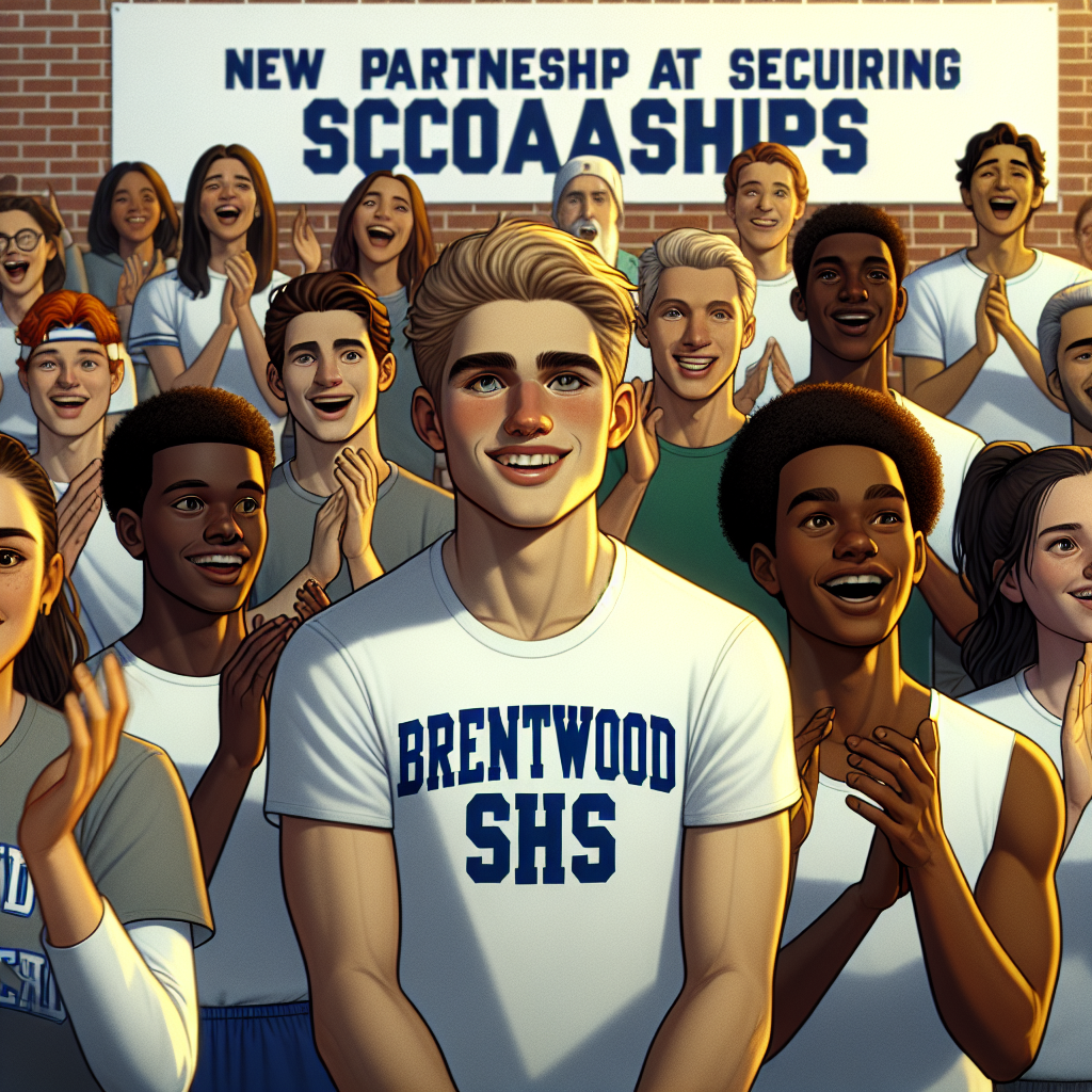 Brentwood SHS athletes celebrating a new partnership aimed at securing scholarships, with coaches and officials applauding in the background.