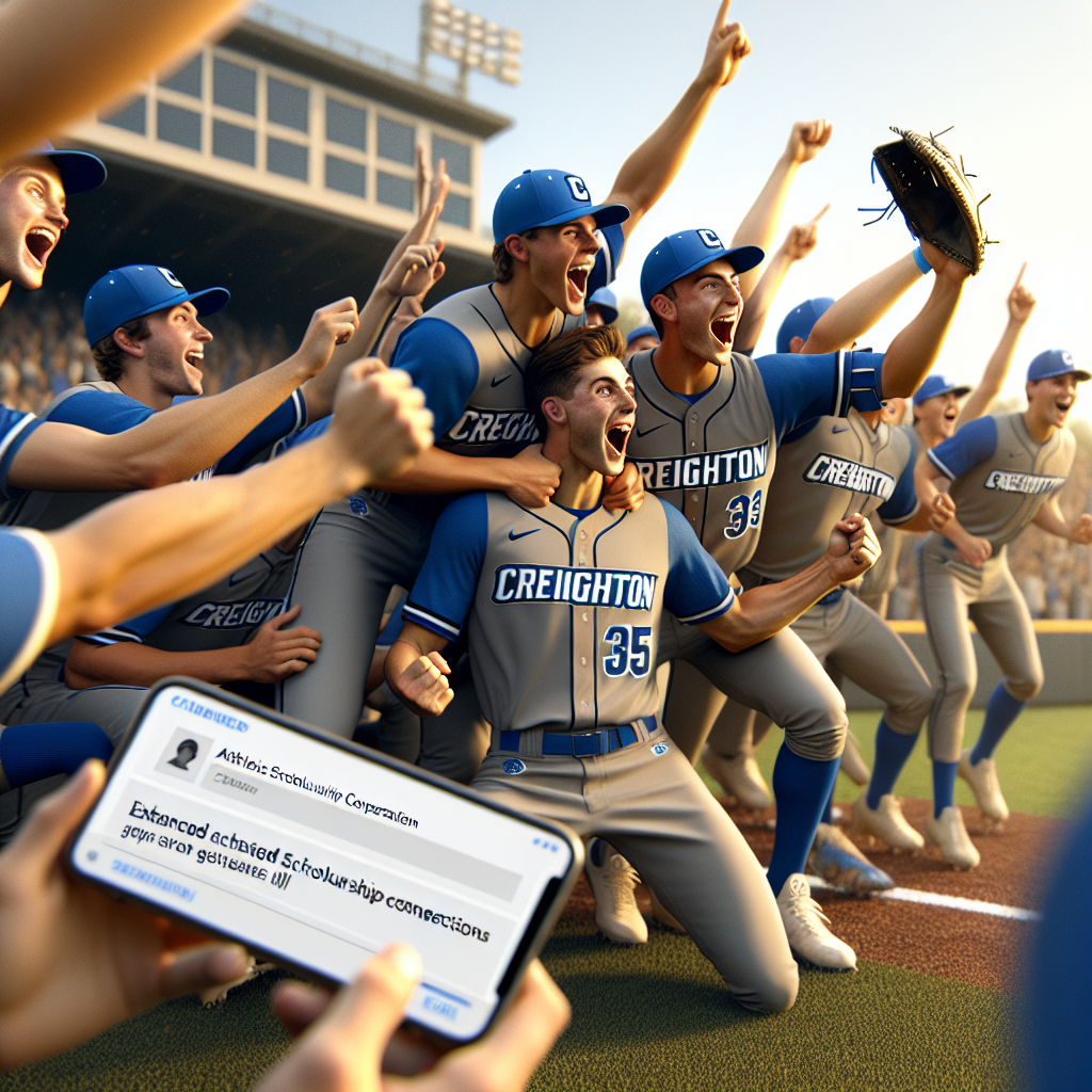 Creighton University baseball players celebrating on the field with updated recruiting information, emphasizing enhanced scholarship connections through Athletic Scholarship Corporation.