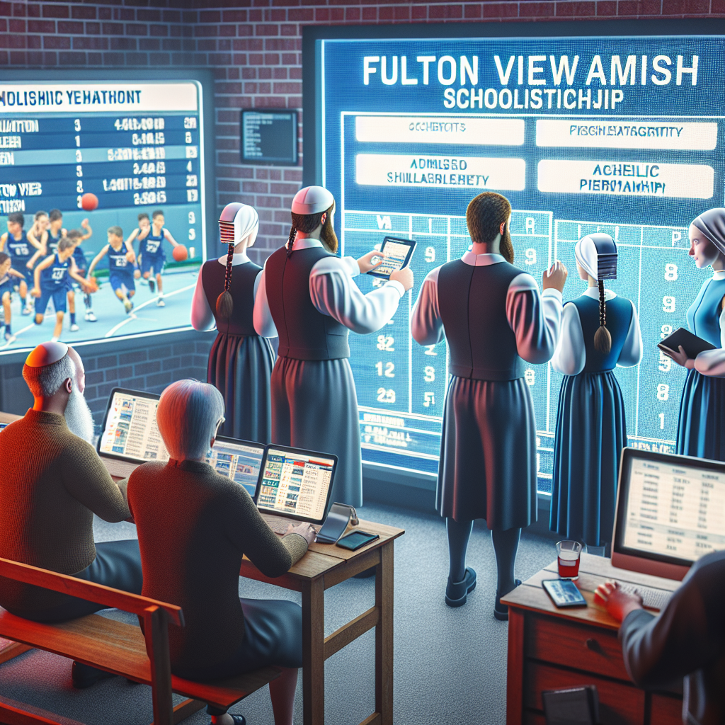 Amish student-athletes and their parents engaging with new technology to explore scholarship opportunities at Fulton View Amish School. Athletic department schedules and rosters are displayed on screens, highlighting the partnership's success.