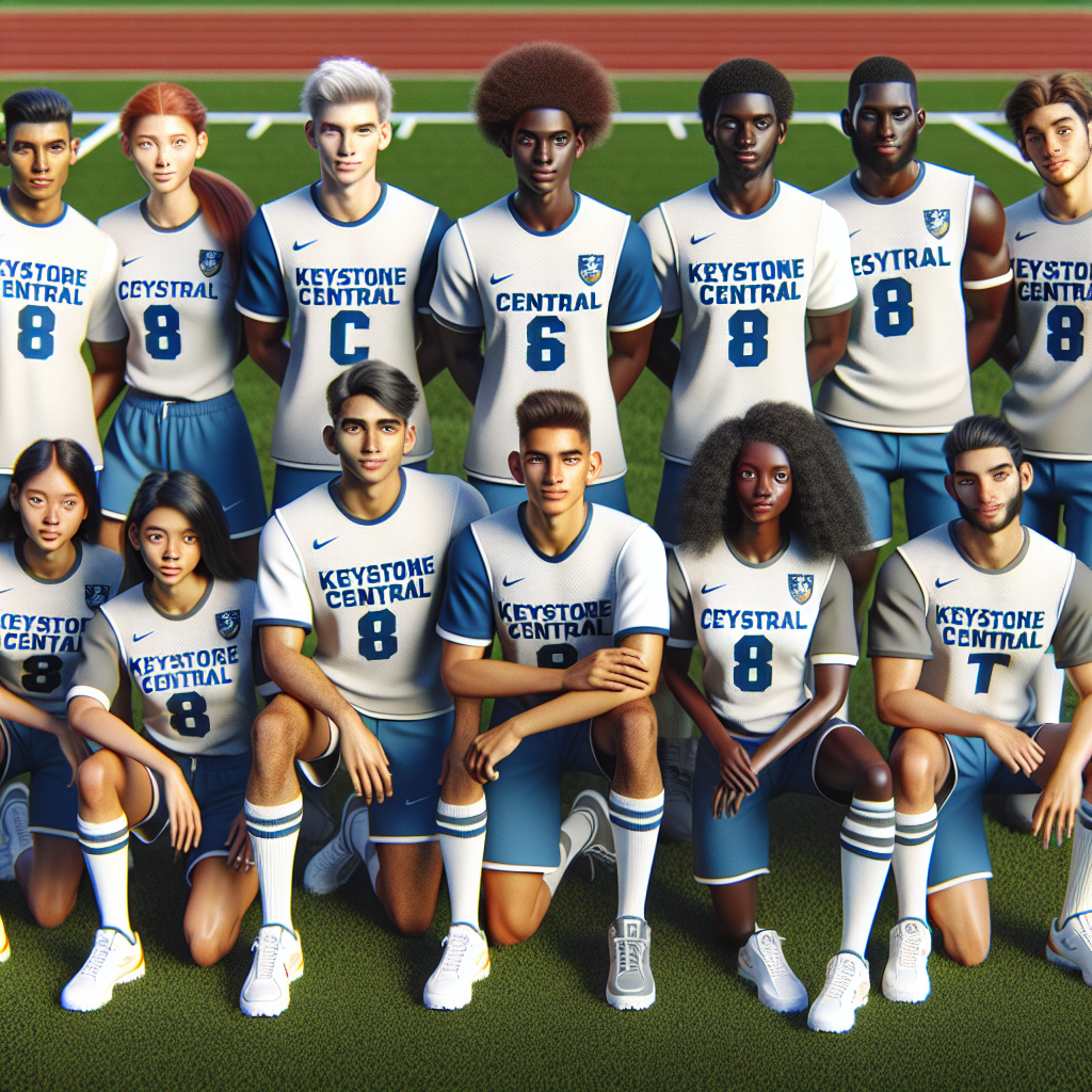 A group of diverse student-athletes, proudly wearing Keystone Central CTC athletic gear, standing on a sports field, symbolizing the new partnership aimed at securing scholarships for their future aspirations.