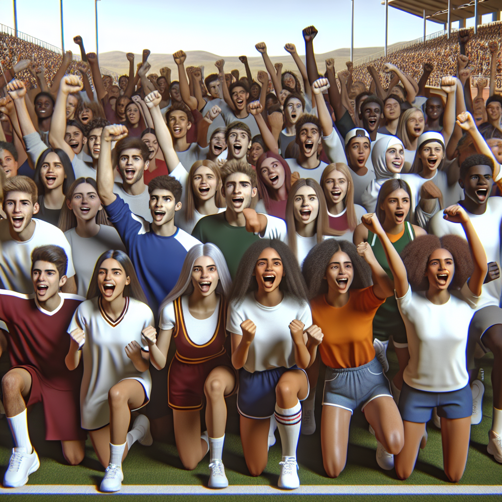 A dynamic group of student-athletes from Northeastern SHS celebrating a new scholarship initiative, showcasing their enthusiasm and unity on the sports field.