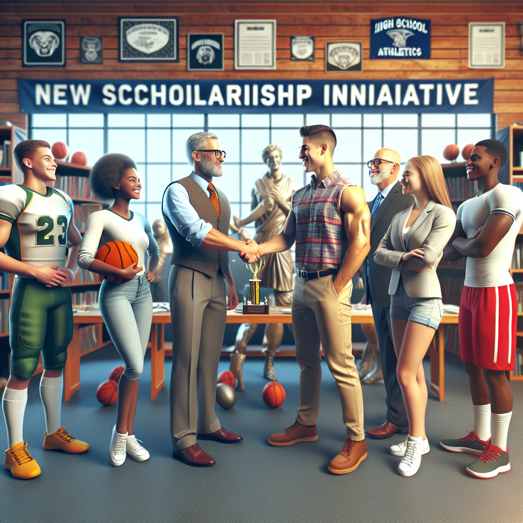 Thomas Jefferson High School athletic department representatives shaking hands with community partners, symbolizing their new scholarship initiative for student-athletes.