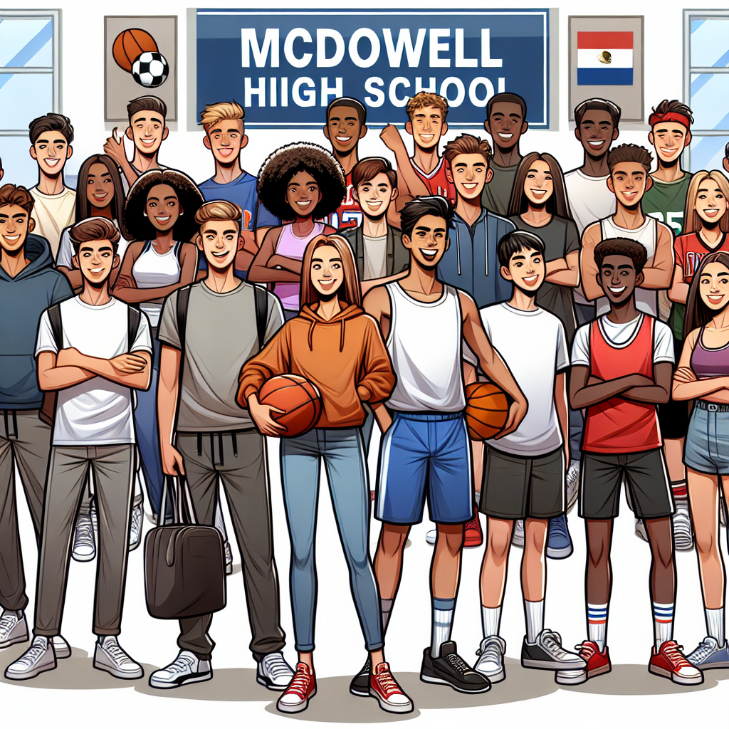 McDowell High School athletic department launching a new initiative to secure scholarships for student-athletes, showcasing a diverse group of enthusiastic students in sports gear, symbolizing empowerment and opportunity.