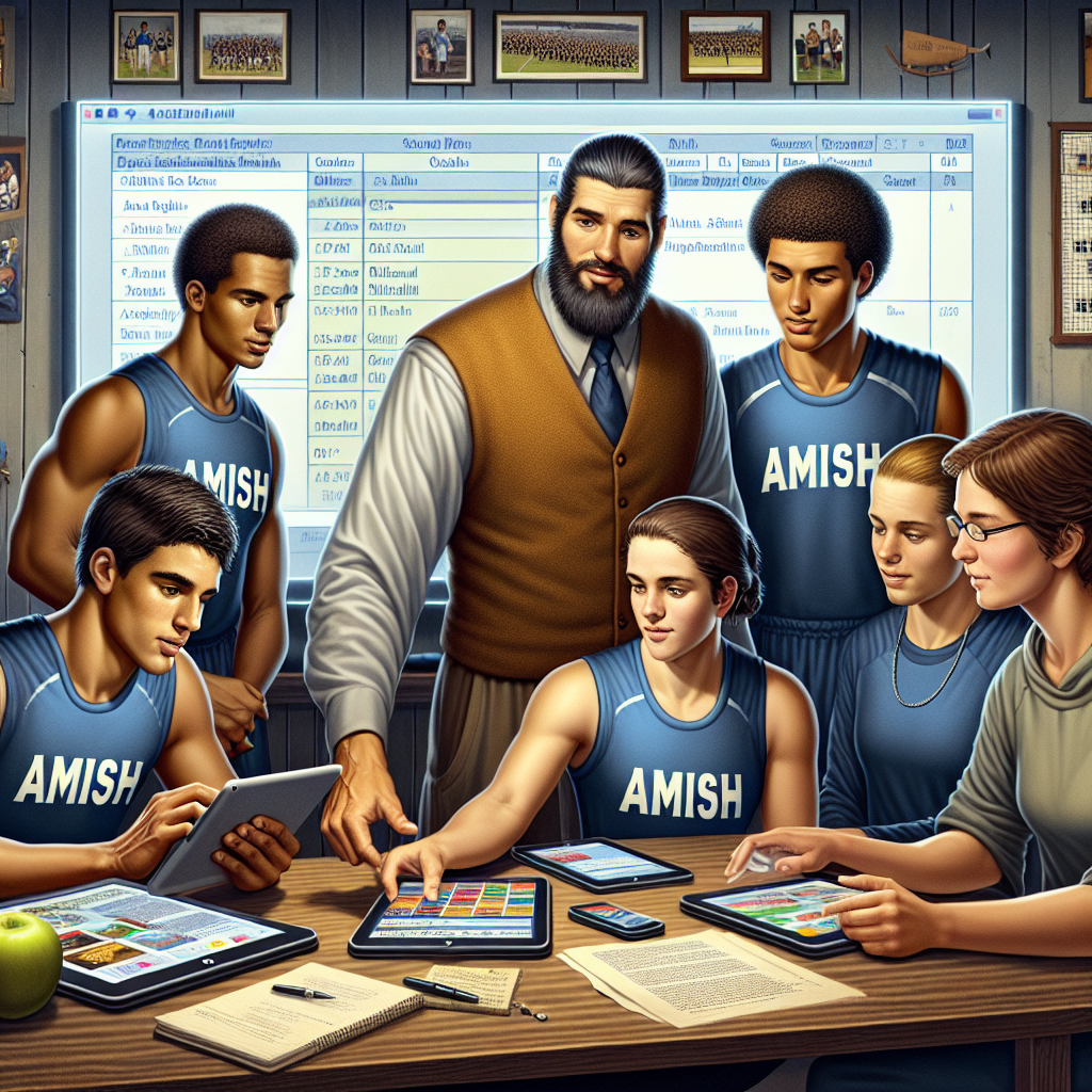 A group of diverse student-athletes from South Hill Amish School engaging with cutting-edge technology to explore scholarship opportunities, with a coach guiding them through digital tools.