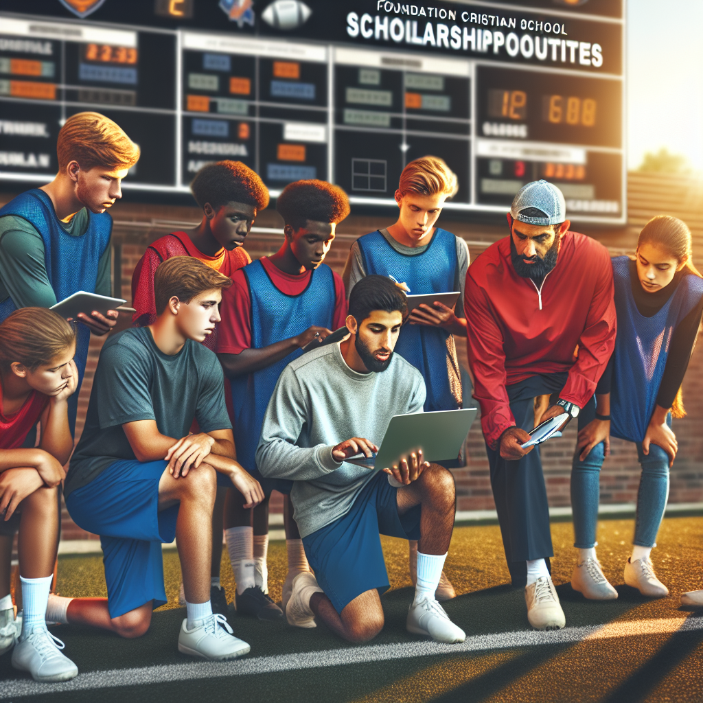 A group of diverse student-athletes using digital devices, guided by a coach, exploring scholarship opportunities on a vibrant sports field.
