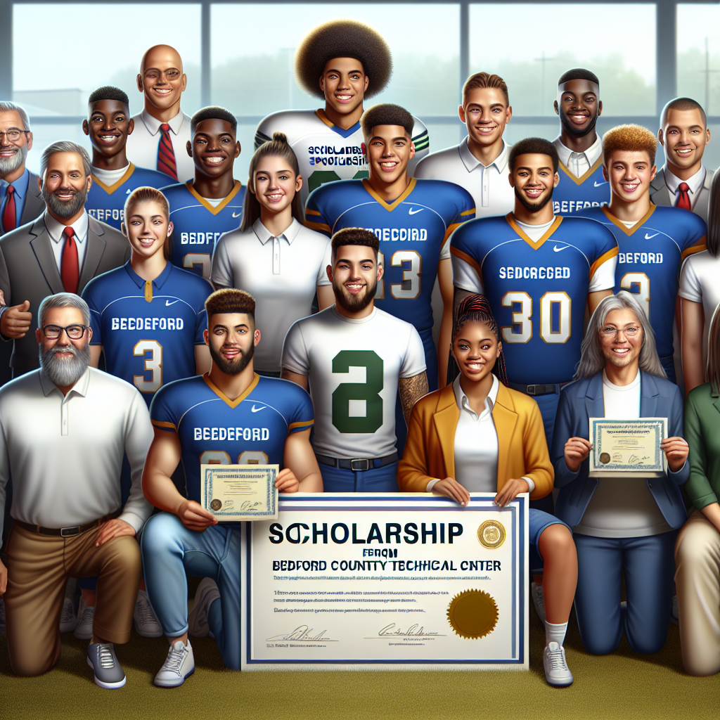 A group of Bedford County Technical Center student-athletes in uniform, smiling and holding scholarship certificates, standing alongside coaches and community leaders, symbolizing a new partnership focused on empowering student-athletes through scholarship opportunities.
