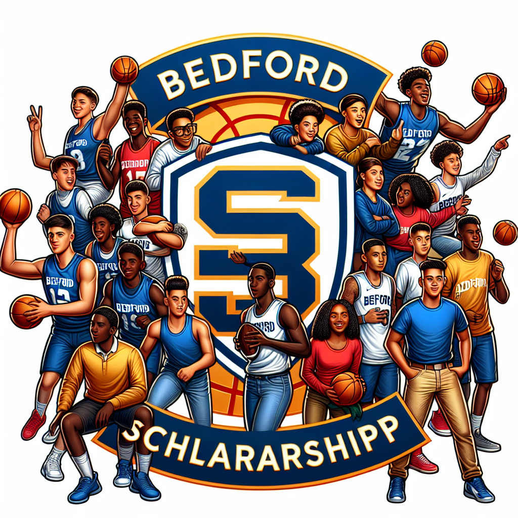 "Bedford SHS logo alongside enthusiastic student-athletes celebrating scholarship partnership."