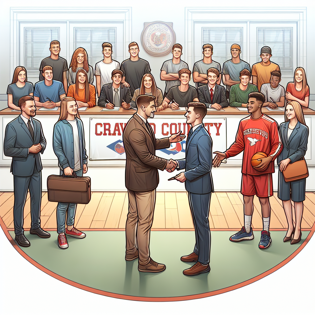 Crawford County CTC students and athletes shaking hands with local sports representatives, symbolizing a new partnership aimed at securing scholarships for student-athletes.