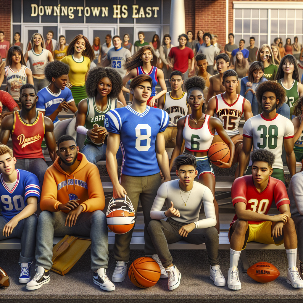 Downingtown HS East campus with student-athletes celebrating a new scholarship partnership, showcasing joyful expressions and athletic gear, symbolizing empowerment and future opportunities.