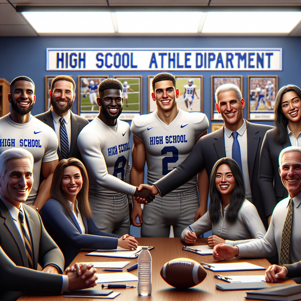 Fels Samuel High School athletic department representatives shaking hands with local business leaders, celebrating a new partnership aimed at securing scholarships for student-athletes.
