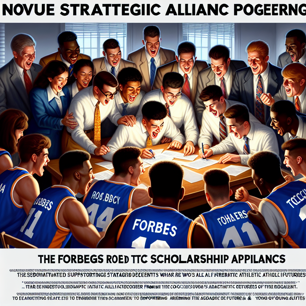 A group of diverse student-athletes excitedly gather around a table, reviewing scholarship applications with supportive coaches from Forbes Road CTC's athletic department, symbolizing a new strategic partnership aimed at empowering their academic and athletic futures.
