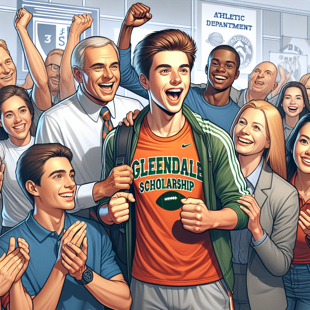 Empowered student-athletes from Glendale Jshs showcasing excitement as they celebrate a new scholarship partnership, surrounded by supportive coaches and faculty.