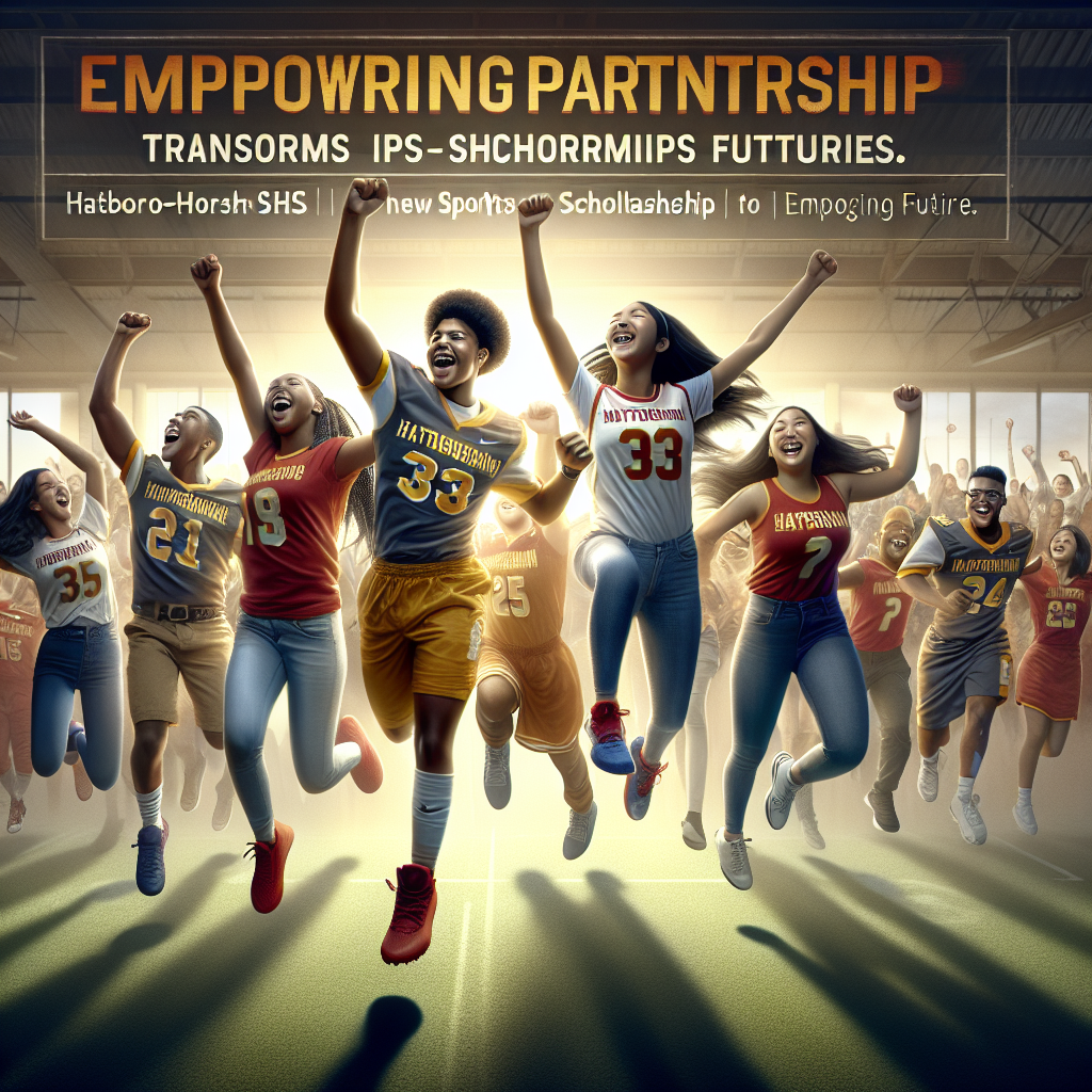 A dynamic scene of Hatboro-Horsham SHS student-athletes joyfully celebrating their new scholarship opportunities, showcasing the empowering partnership initiative aimed at transforming futures.