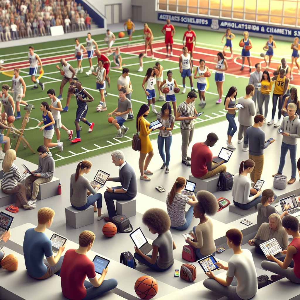 A group of diverse student-athletes using advanced technology on tablets and laptops, engaging with coaches and parents, surrounded by sports equipment and school banners, symbolizing partnership and scholarship opportunities at White Springs School.