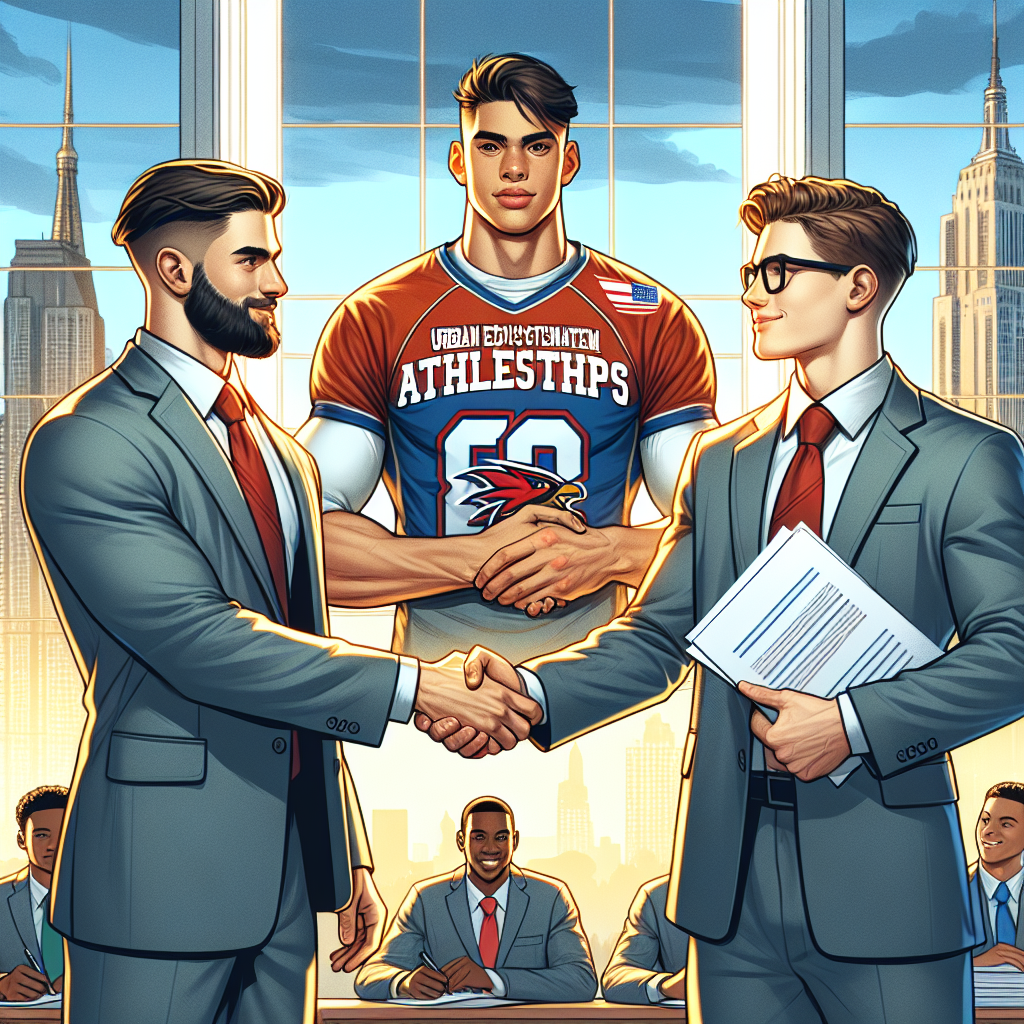 Kensington Urban Education Academy athletic department representatives shaking hands with new strategic partners, symbolizing their commitment to securing scholarships for student-athletes.