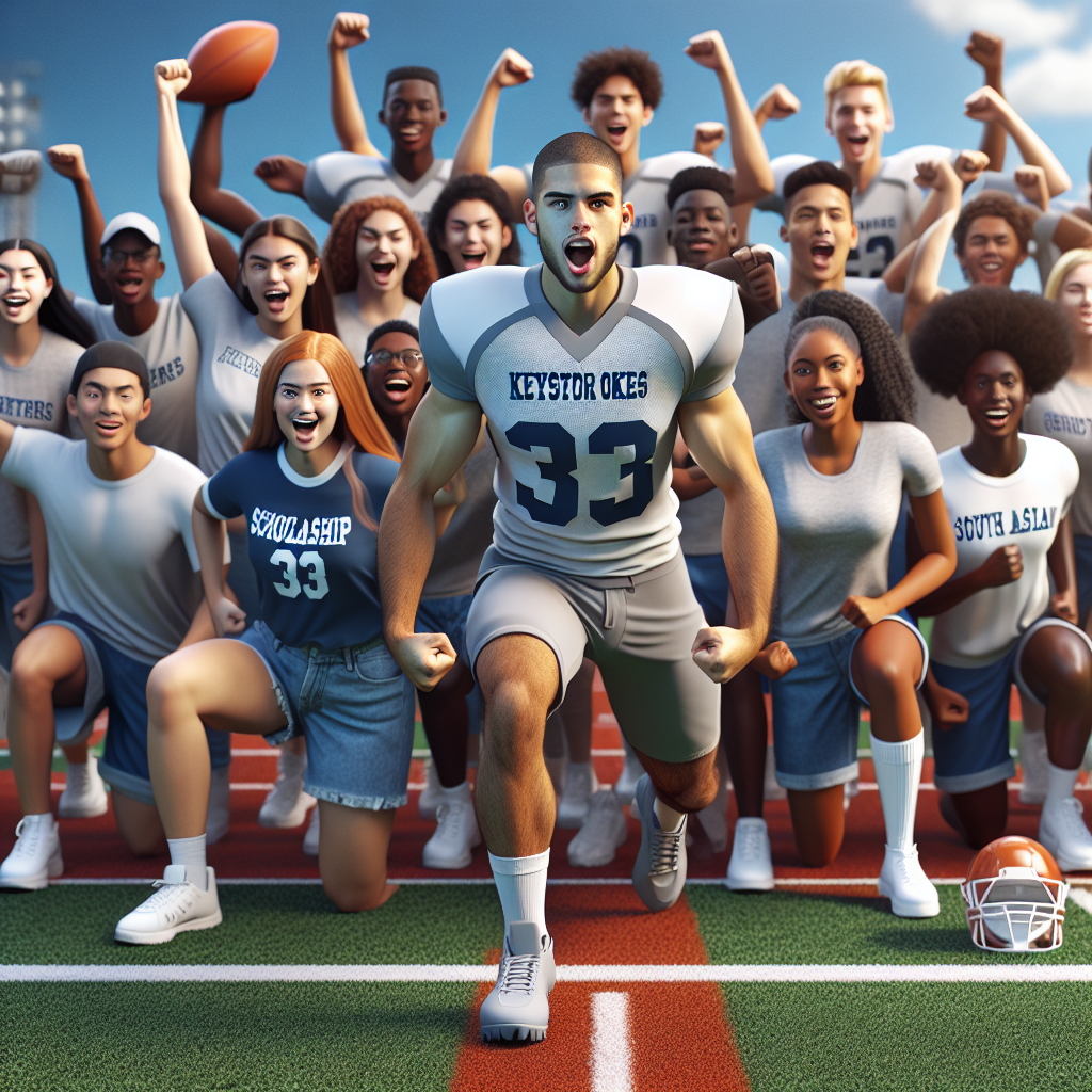 A group of diverse student-athletes from Keystone Oaks High School, displaying a mix of enthusiasm and determination, gather on a sports field, symbolizing new opportunities through a scholarship partnership.