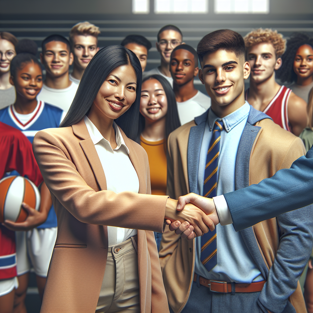 Manheim Twp High School athletic department representatives and partners shaking hands, symbolizing a new strategic alliance to empower student-athletes through scholarship opportunities.