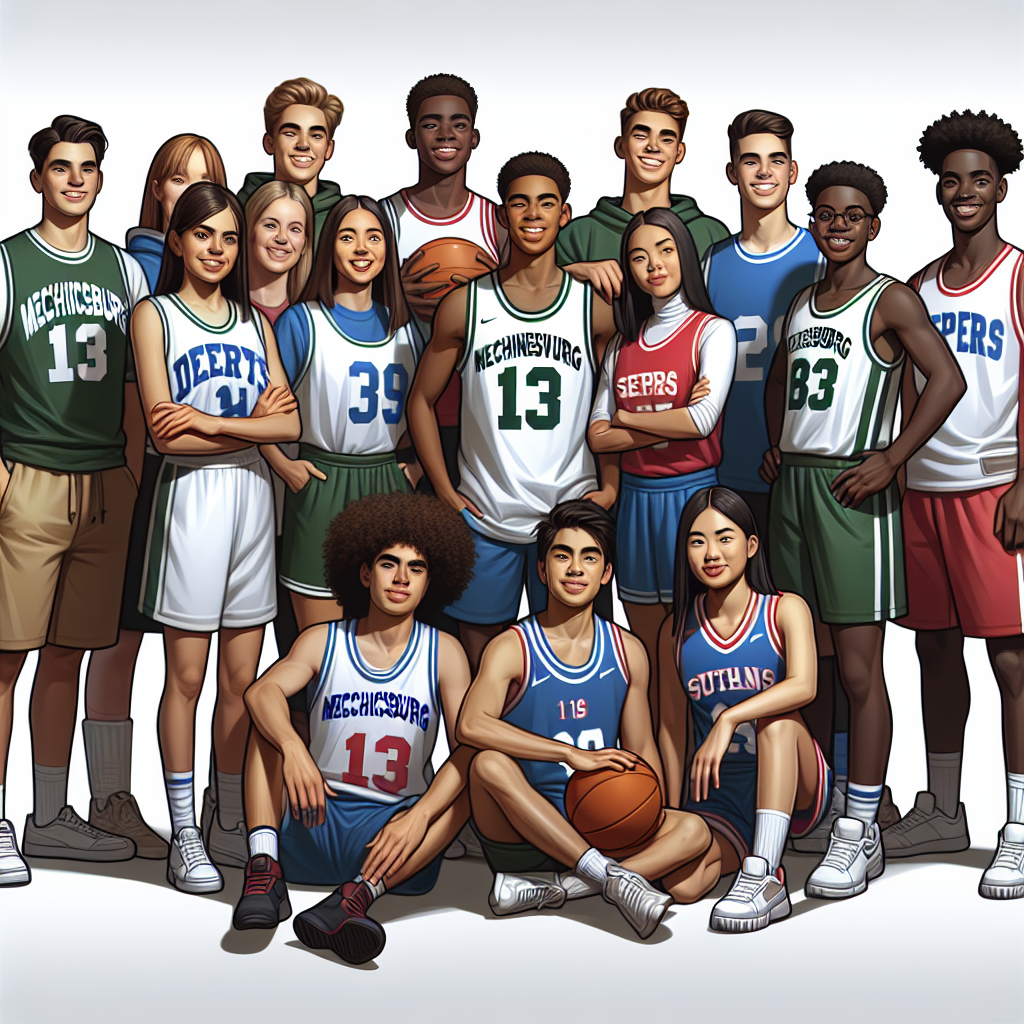 A diverse group of enthusiastic student-athletes from Mechanicsburg Area High School, wearing team uniforms, gather together, symbolizing empowerment and collaborative success in scholarship opportunities.