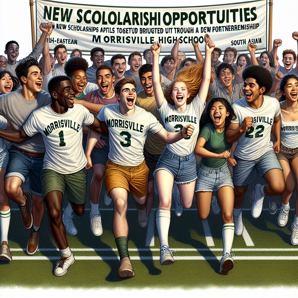 A group of diverse student-athletes from Morrisville High joyfully celebrating on a sports field, symbolizing new scholarship opportunities through a dynamic partnership.