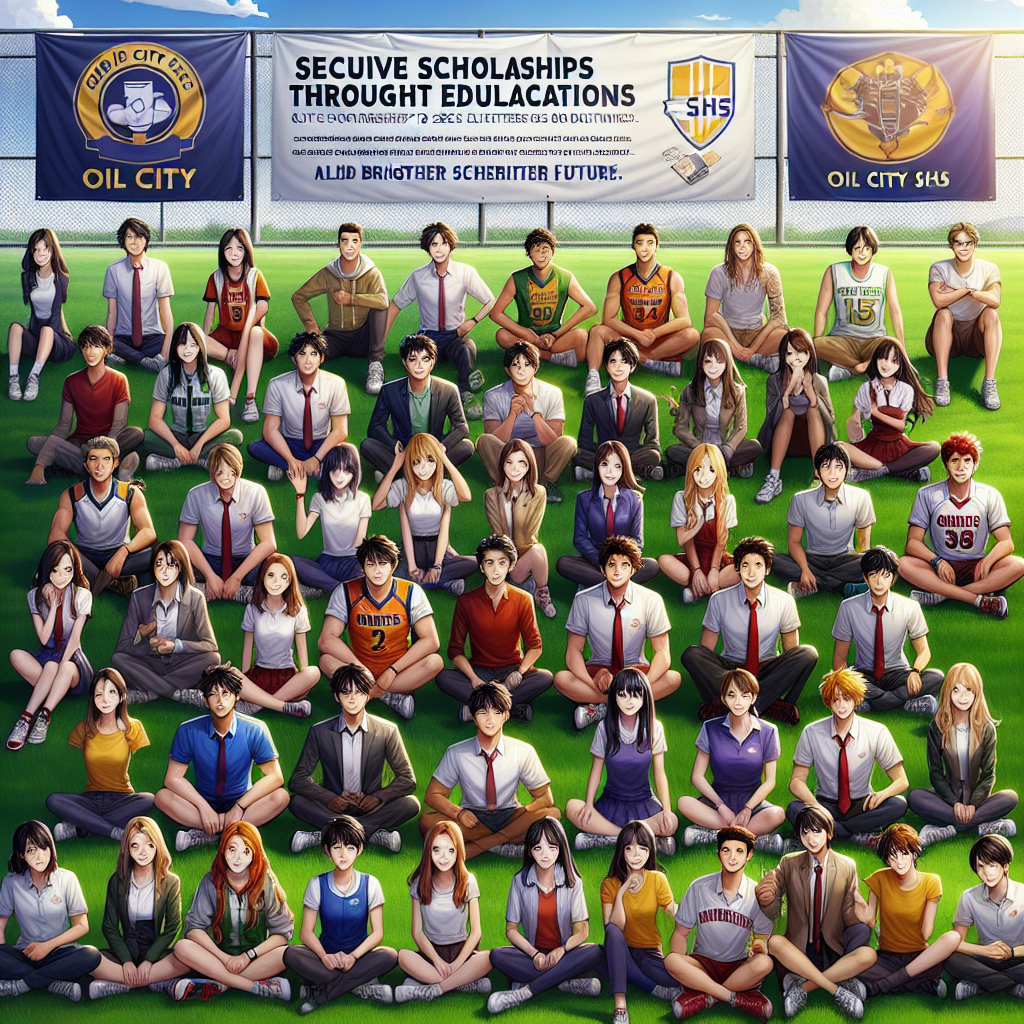 A diverse group of enthusiastic student-athletes and coaches from Oil City SHS gather on a vibrant sports field, symbolizing unity and determination. Banners in the background announce a new partnership aimed at securing scholarships for these young talents, showcasing the promise of brighter futures through sports and education.