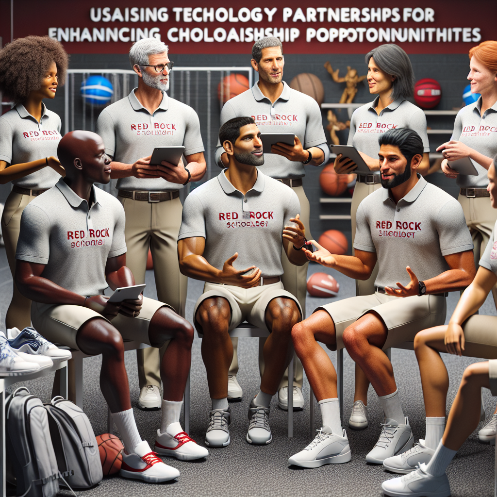 Red Rock School's athletic department staff discussing technology partnership benefits for enhancing student-athletes' scholarship opportunities.