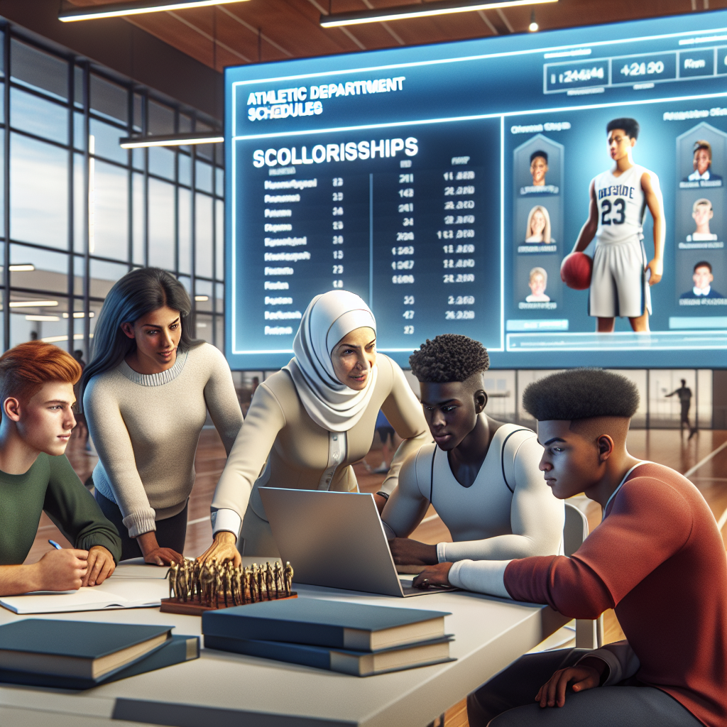 A group of diverse student-athletes engaging with technology, guided by a coach, to explore scholarship opportunities, with Ridgeside School's athletic department schedules and rosters visible on a digital screen in the background.