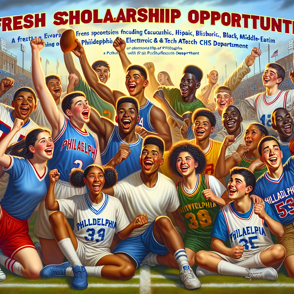 A diverse group of enthusiastic Philadelphia student-athletes, representing various sports, celebrate on a school field, symbolizing new scholarship opportunities through a partnership with the Philadelphia Electrical & Tech CHS athletic department.