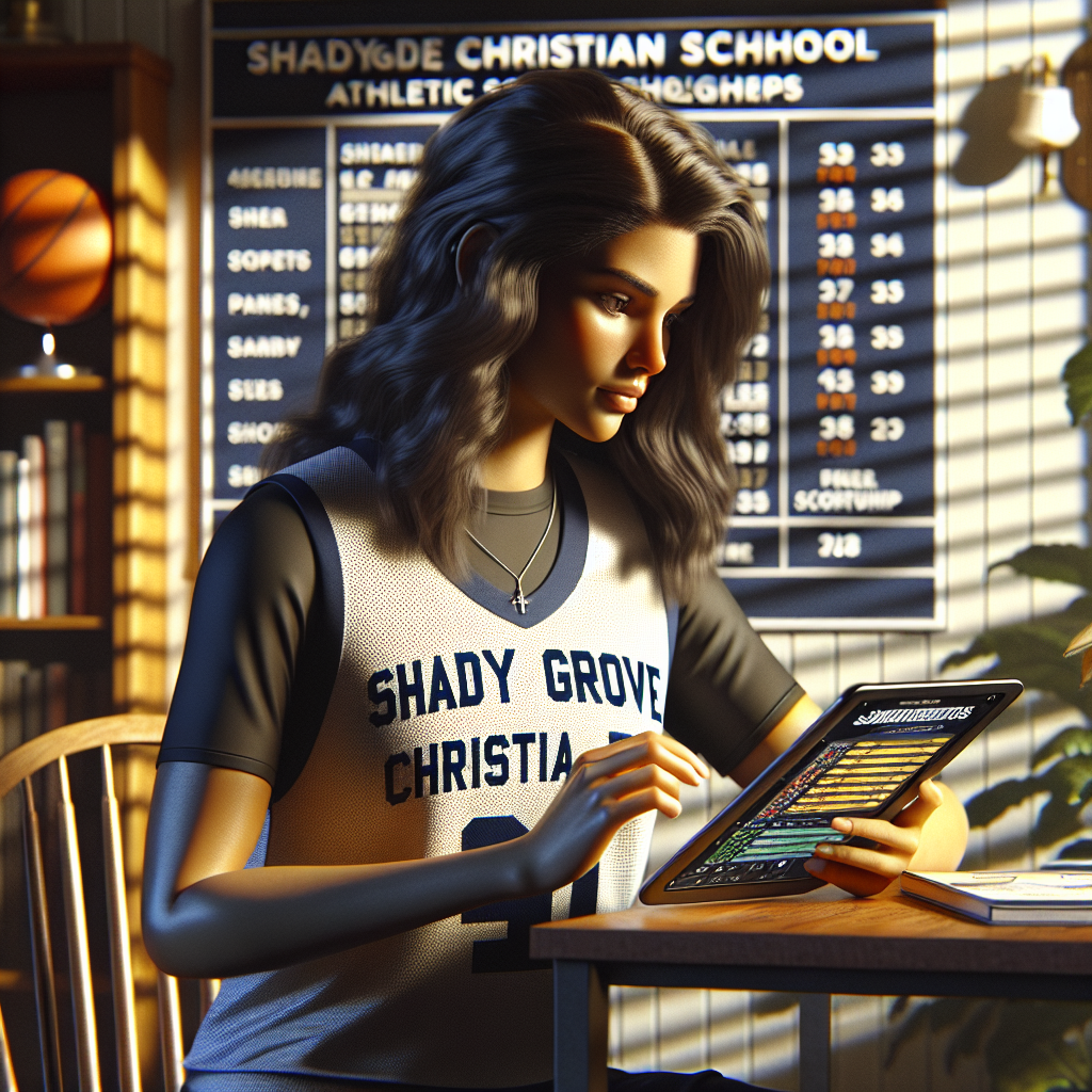 A student-athlete at Shady Grove Christian School uses a tablet to review athletic schedules and rosters, showcasing the tech-driven approach to securing scholarships.