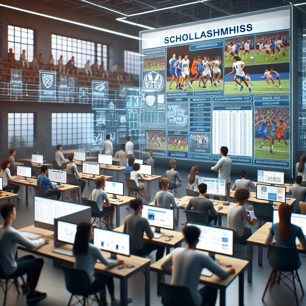 A modern classroom filled with student-athletes and parents engaging with advanced technology to explore scholarship opportunities, inspired by Shady Grove Mennonite School's athletic department.