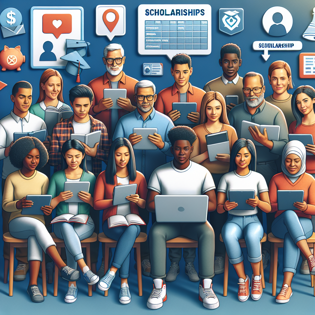 A diverse group of student-athletes and parents engaging with digital devices, exploring scholarship opportunities through cutting-edge technology, in a supportive academic setting.