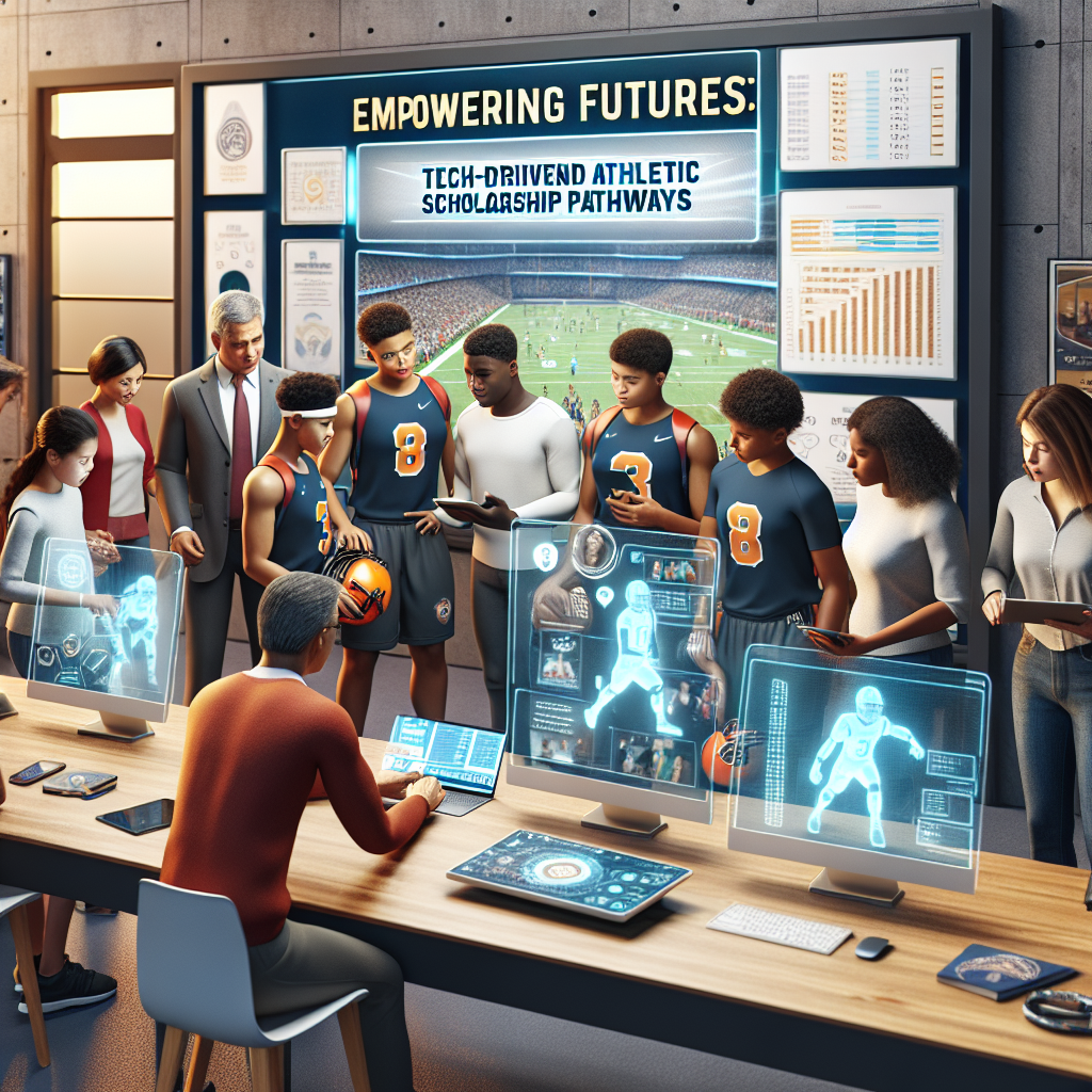 A diverse group of student-athletes and parents engage with cutting-edge technology, navigating scholarship opportunities with guidance from Family Life Ministries International Academy's athletic department.