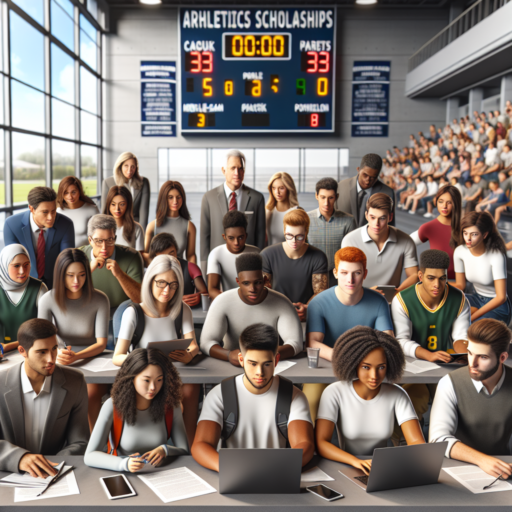 A group of student-athletes and parents from New England Valley gather around a table with laptops and tablets, exploring scholarship opportunities through innovative technology solutions provided by a new partnership.