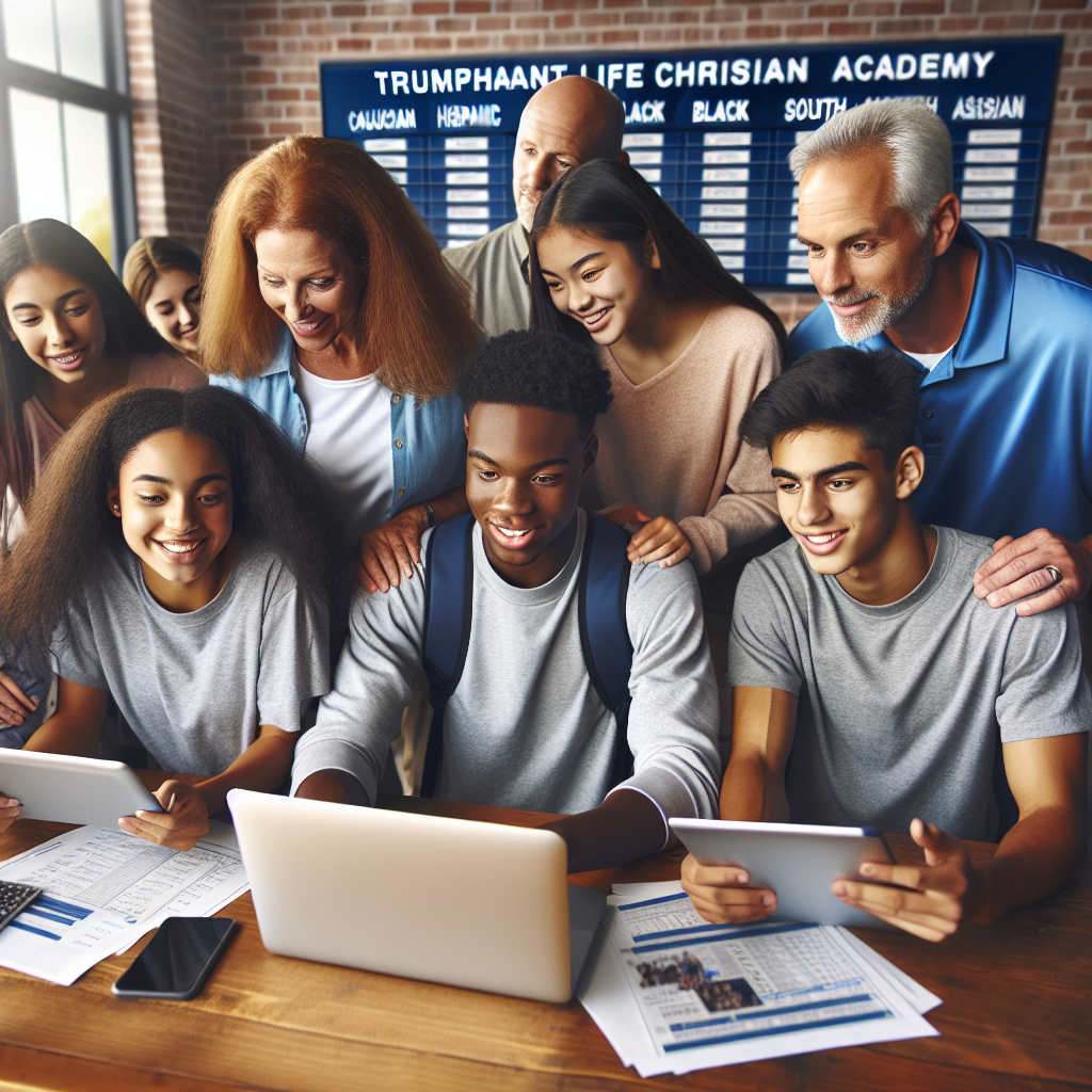 Student-athletes and their parents engaging with technology tools to explore scholarship opportunities, featuring Triumphant Life Christian Academy's athletic department schedules and rosters.