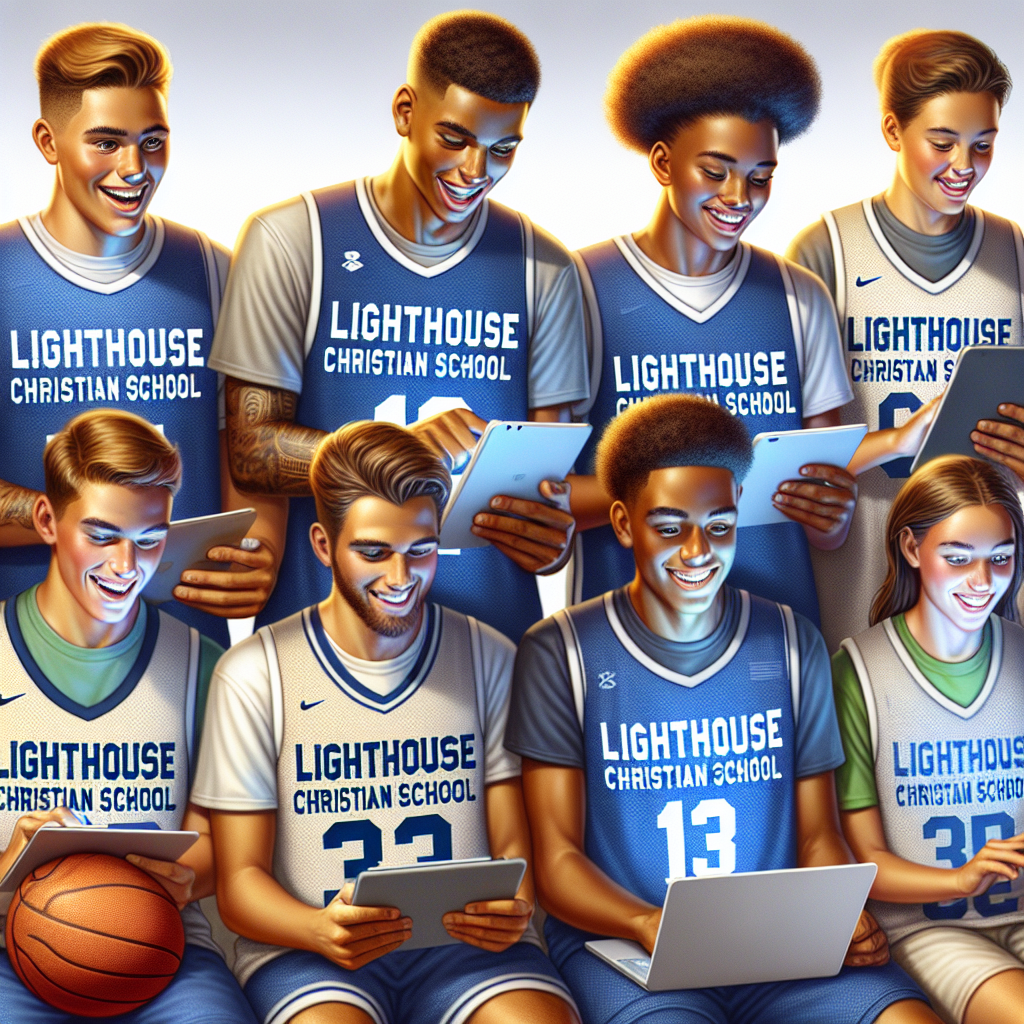 A diverse group of student-athletes, wearing Lighthouse Christian School jerseys, joyfully using tablets and laptops, symbolizing the successful integration of technology in securing scholarship opportunities.