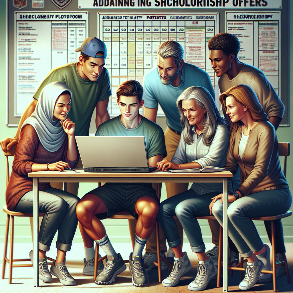 A diverse group of Indian Creek student-athletes and parents gather around a laptop, exploring scholarship opportunities through advanced technology platforms.