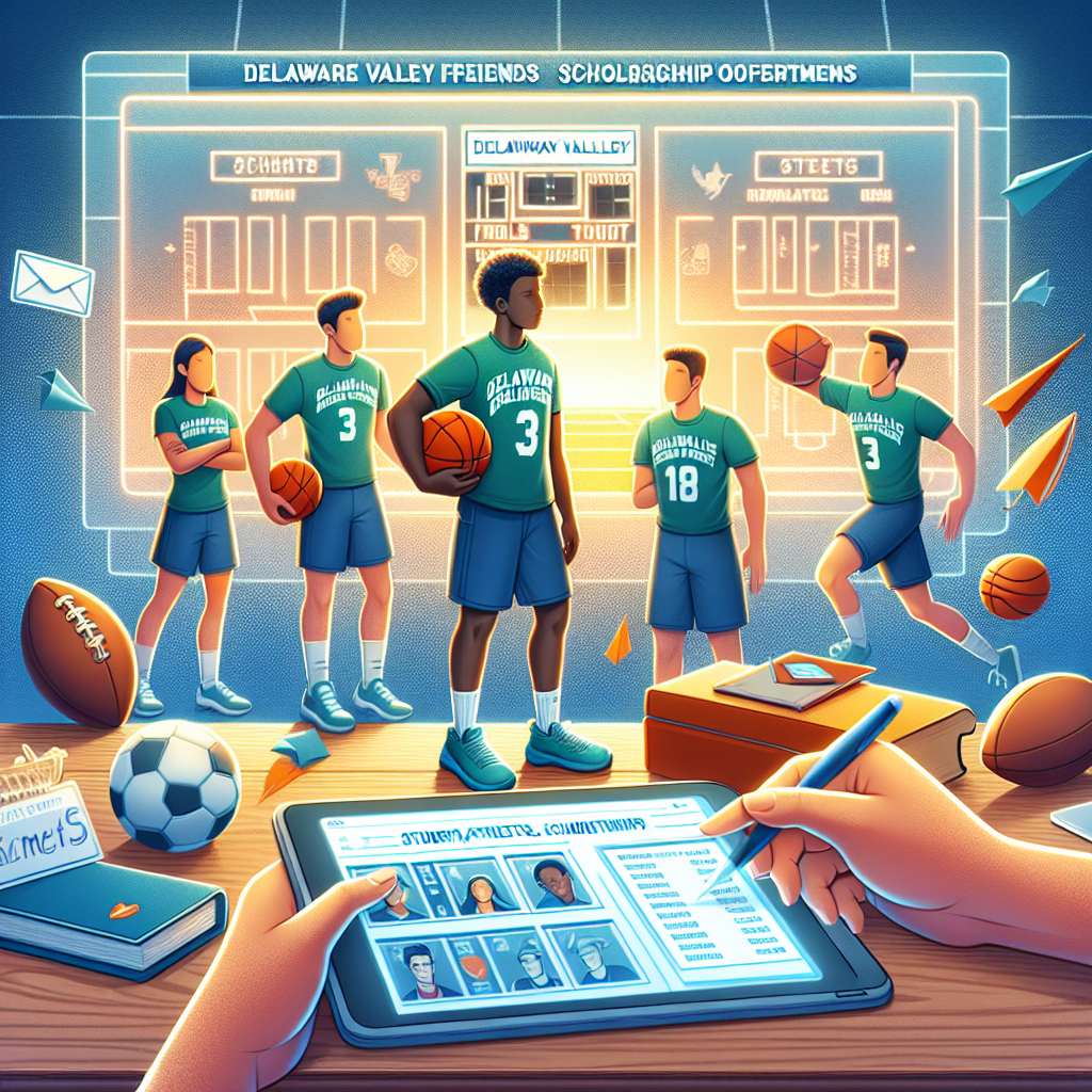 Student-athletes using technology to explore scholarship opportunities, with Delaware Valley Friends School athletic department schedules and rosters in focus.