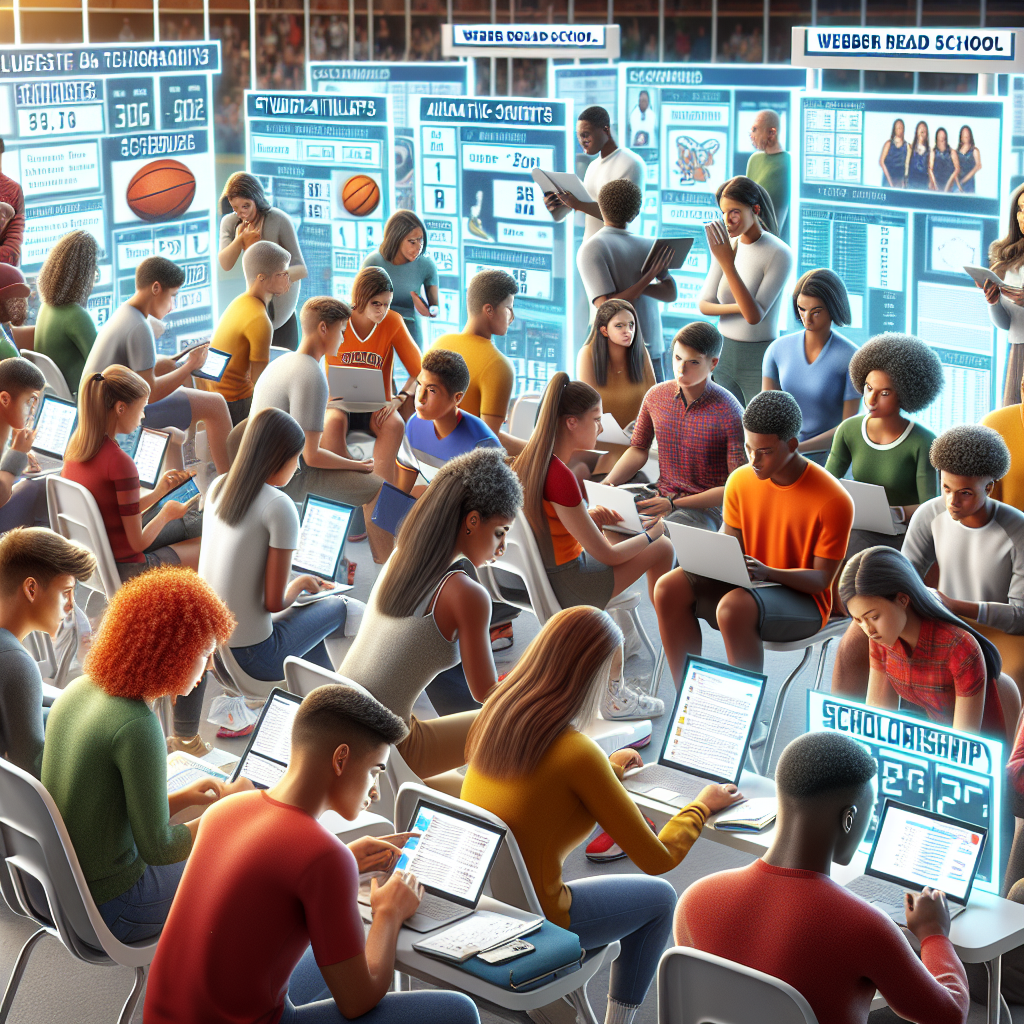 A group of diverse student-athletes engaging with advanced technology tools, supported by parents and mentors, showcasing collaboration and determination as they explore scholarship opportunities.