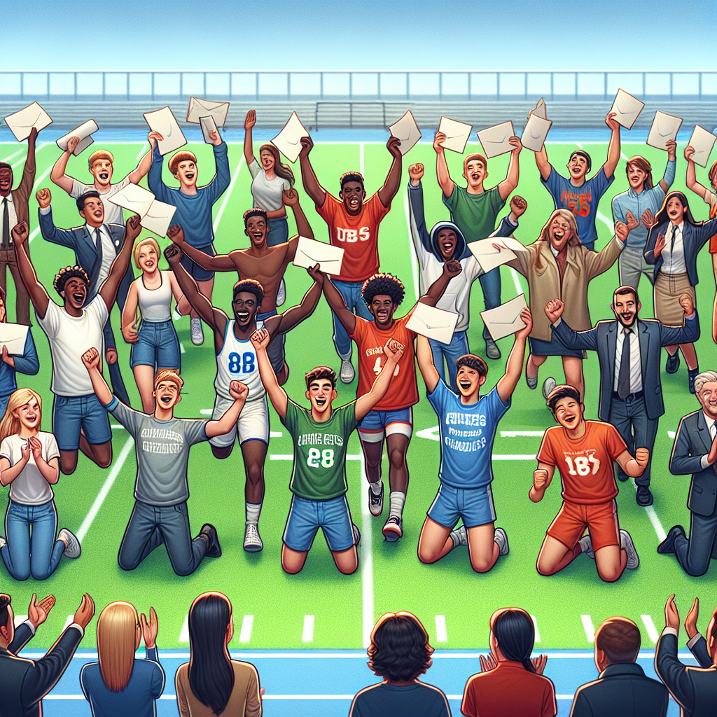 A group of diverse student-athletes from The King's Academy celebrating on a sports field, holding scholarship letters, with coaches and staff applauding in the background.