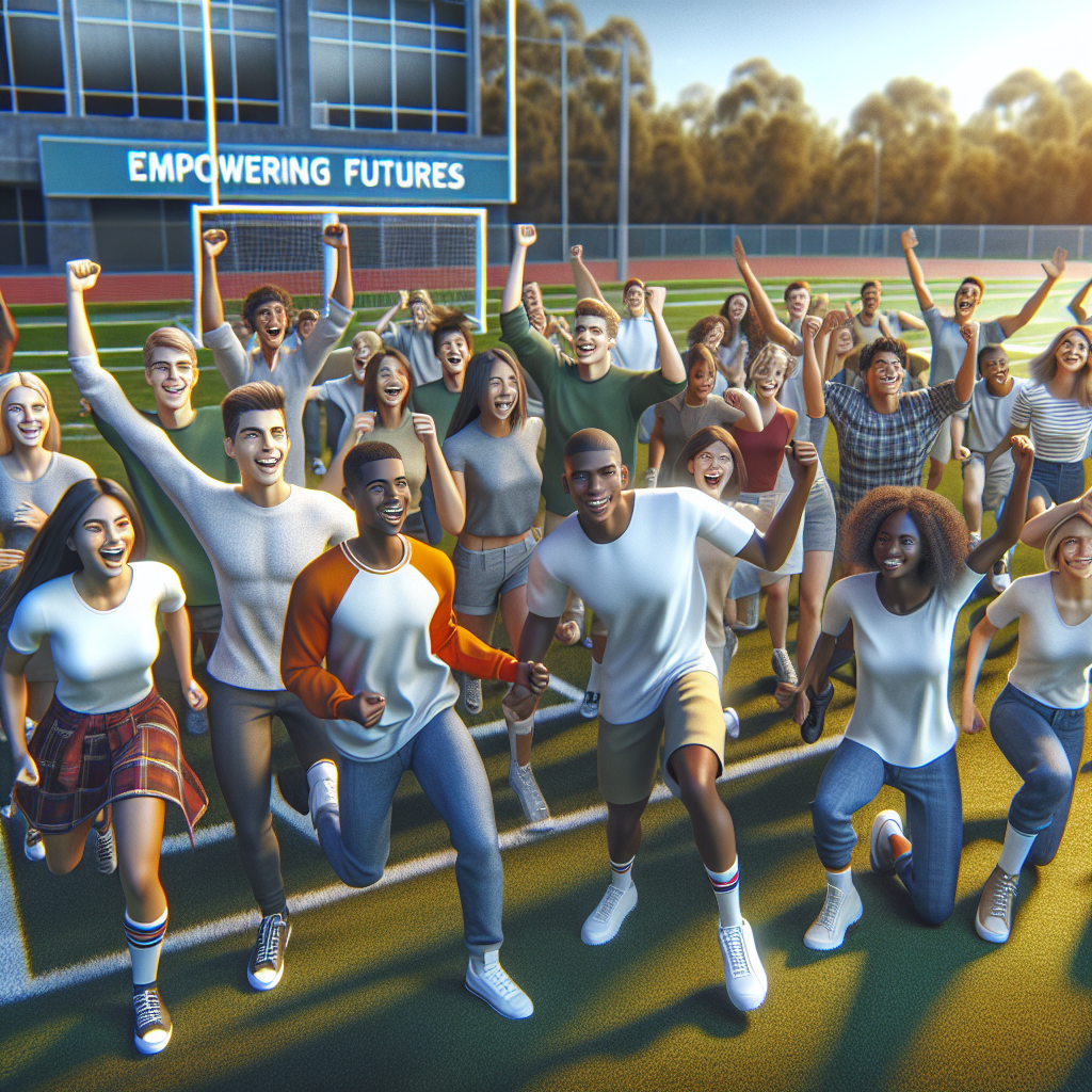 Truman SHS students celebrating on a sports field, symbolizing the new partnership aimed at securing scholarships for student-athletes.