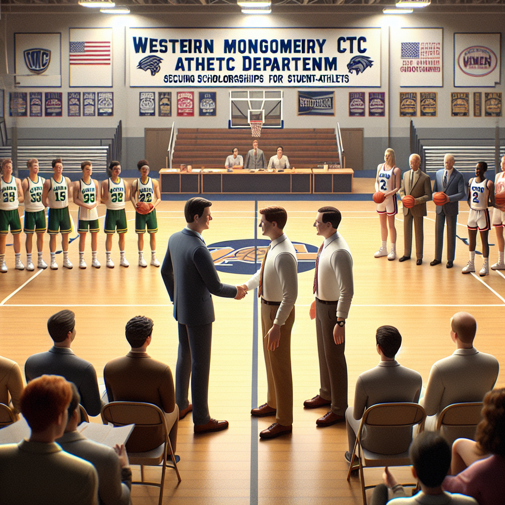 Western Montgomery CTC leaders and athletic department officials shaking hands in a school gym, symbolizing their new partnership to secure scholarships for student-athletes.