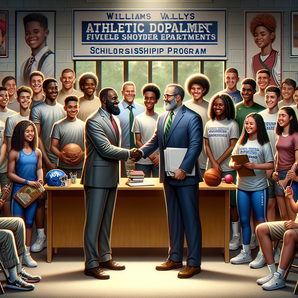 “Empowering Futures: Williams Valley Jshs Athletic Department Champions Scholarship Pathways” Williams Valley Jshs athletic department representatives shaking hands with scholarship program leaders, surrounded by enthusiastic student-athletes holding sports equipment, symbolizing new opportunities for academic and athletic success.