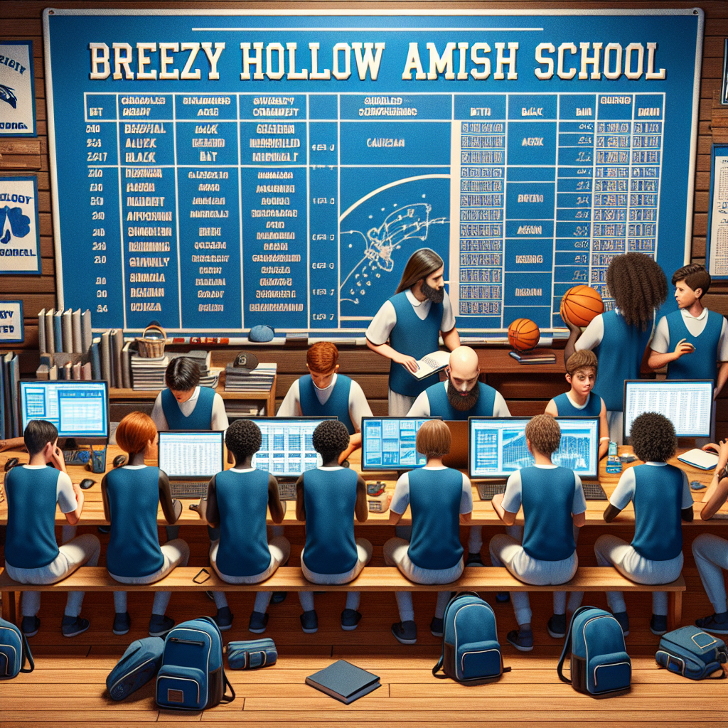 A group of student-athletes from Breezy Hollow Amish School, engaging with advanced technology tools to explore scholarship opportunities, guided by the school's athletic department.