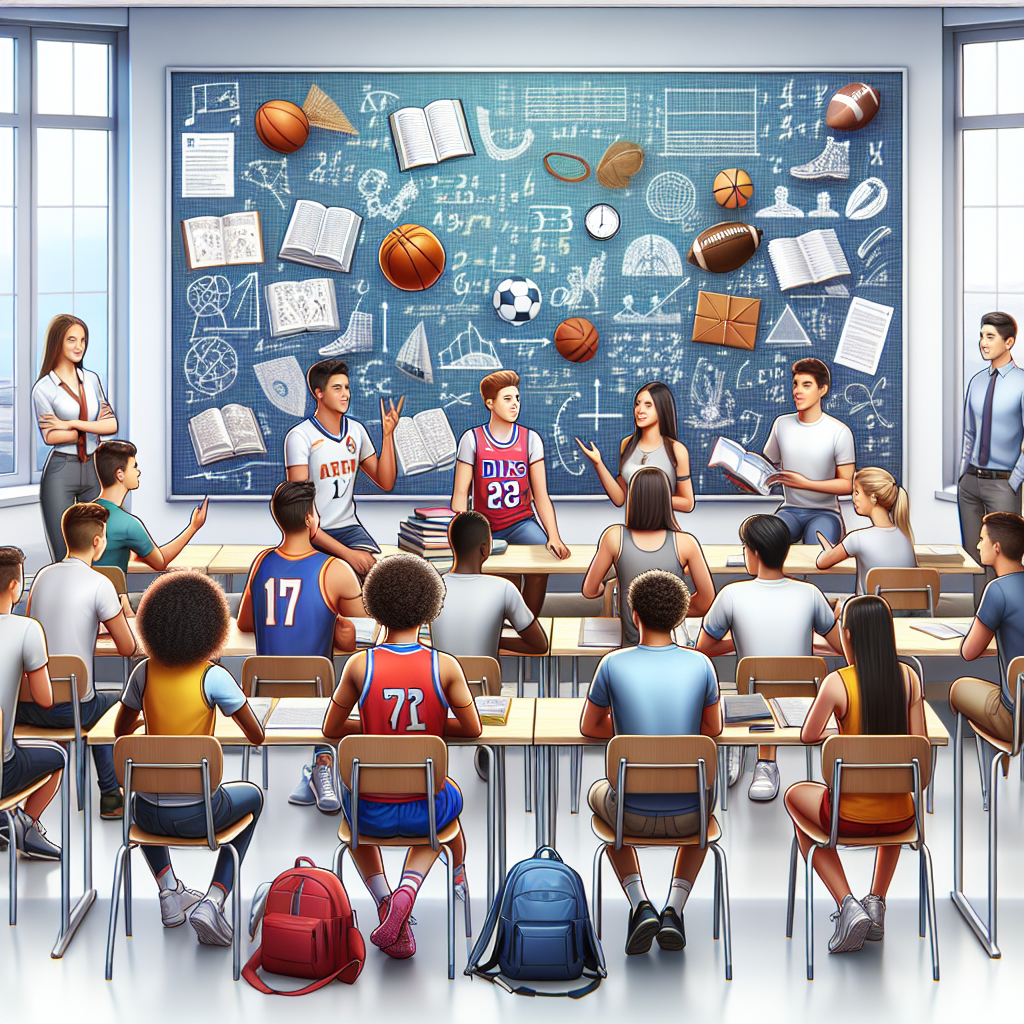 A diverse group of enthusiastic student-athletes, representing various sports and academic disciplines, gather in a classroom setting, engaged in a collaborative discussion, symbolizing the harmonious blend of mathematics, science, and athletics for scholarship opportunities.