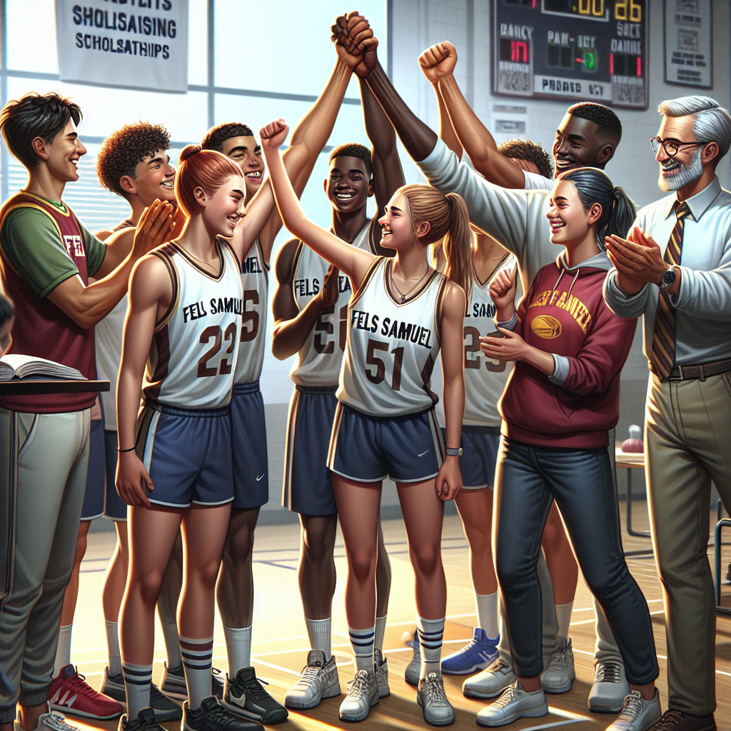 Fels Samuel High School athletes celebrating a new partnership aimed at securing scholarships, with coaches and partners shaking hands in the background.
