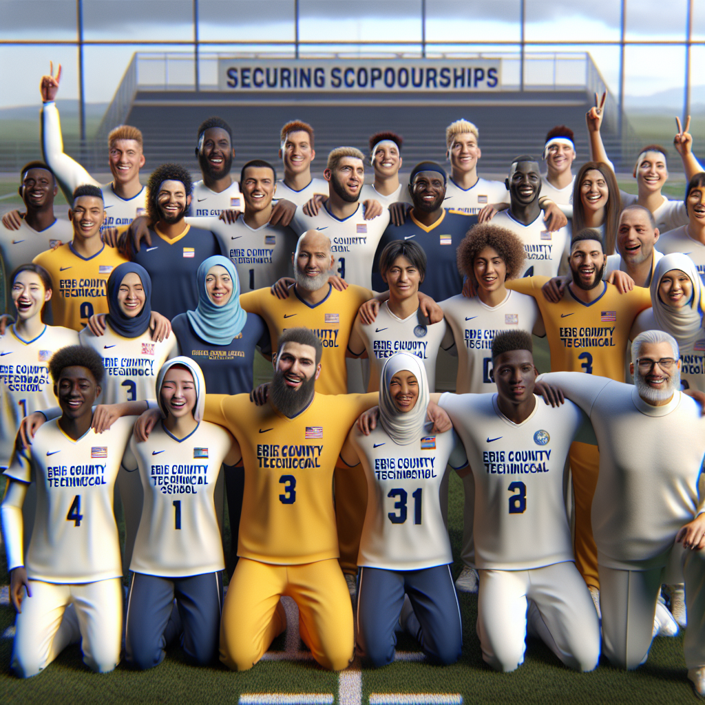 Athletes from Erie County Technical School celebrating a new partnership aimed at securing scholarships, with coaches and administrators showcasing unity and determination.