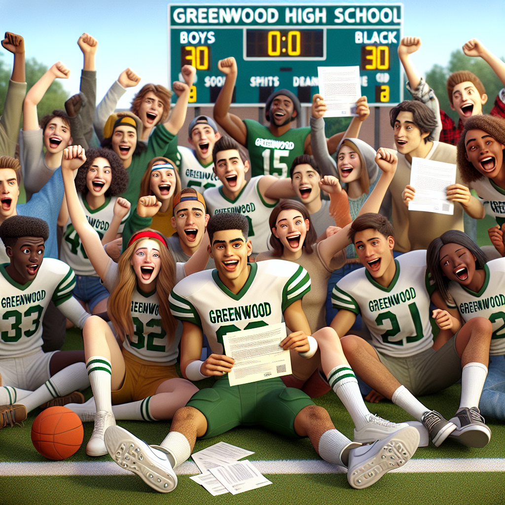 Greenwood High School athletes in uniform celebrating with scholarship acceptance letters on a sports field.