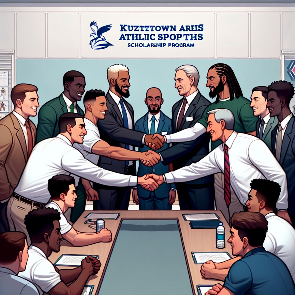 Kutztown Area Shs athletic department representatives shaking hands with scholarship program leaders, symbolizing a new partnership to create scholarship opportunities for student-athletes.