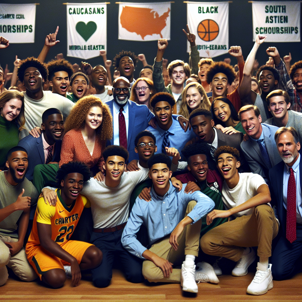A diverse group of student-athletes and representatives from the Robert Benjamin Wiley Community Charter School athletic department celebrate a new partnership aimed at securing scholarships, with a backdrop of banners symbolizing opportunity and collaboration.