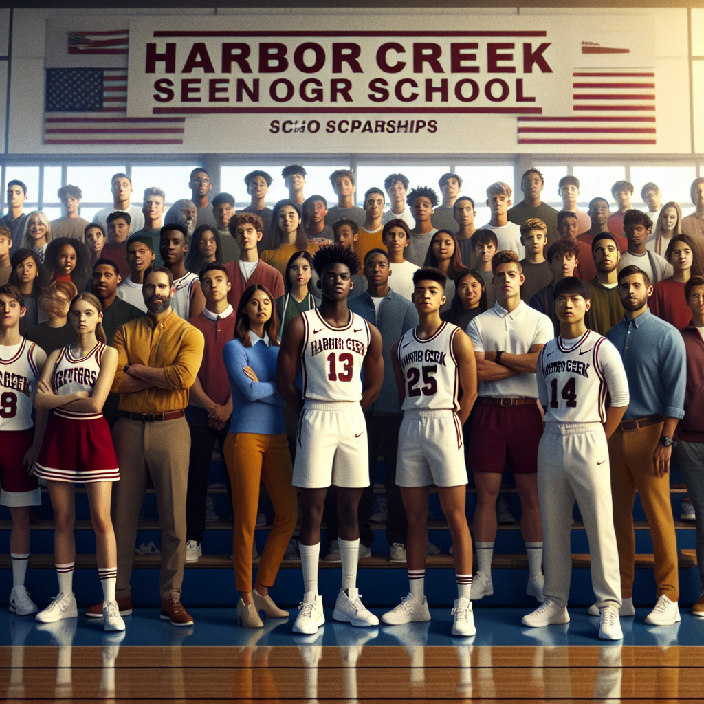 A group of Harbor Creek Senior High School student-athletes, coaches, and community leaders stand together, symbolizing a new partnership aimed at securing scholarships.