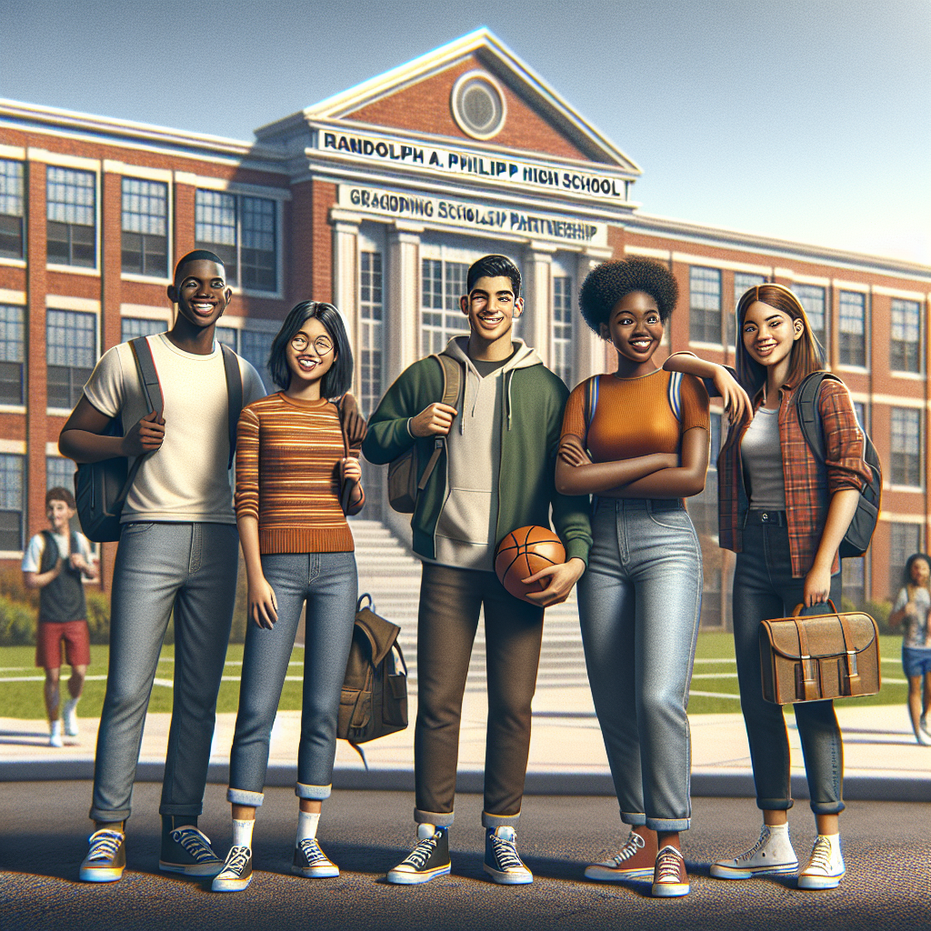 A diverse group of excited student-athletes proudly stand together in front of Randolph A. Philip Avt High School, symbolizing new opportunities through a groundbreaking scholarship partnership.